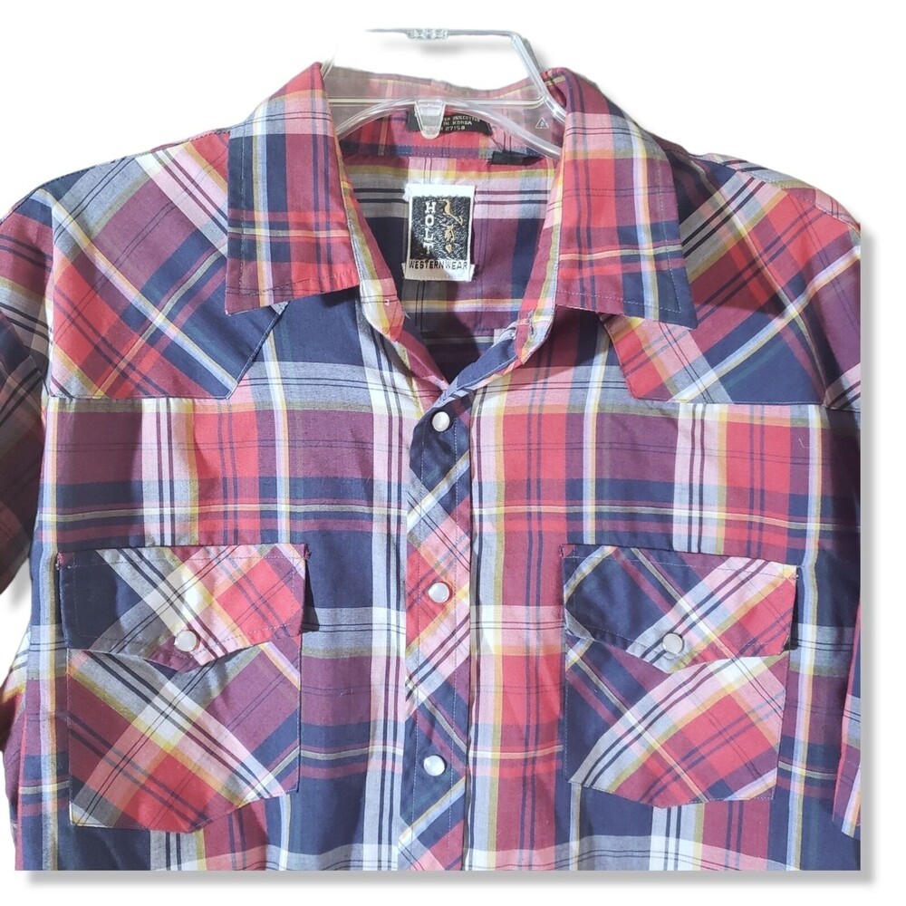 Western Pearl Snap Men's L 16-16.5 Holt Western Wear Rockabilly Plaid Red